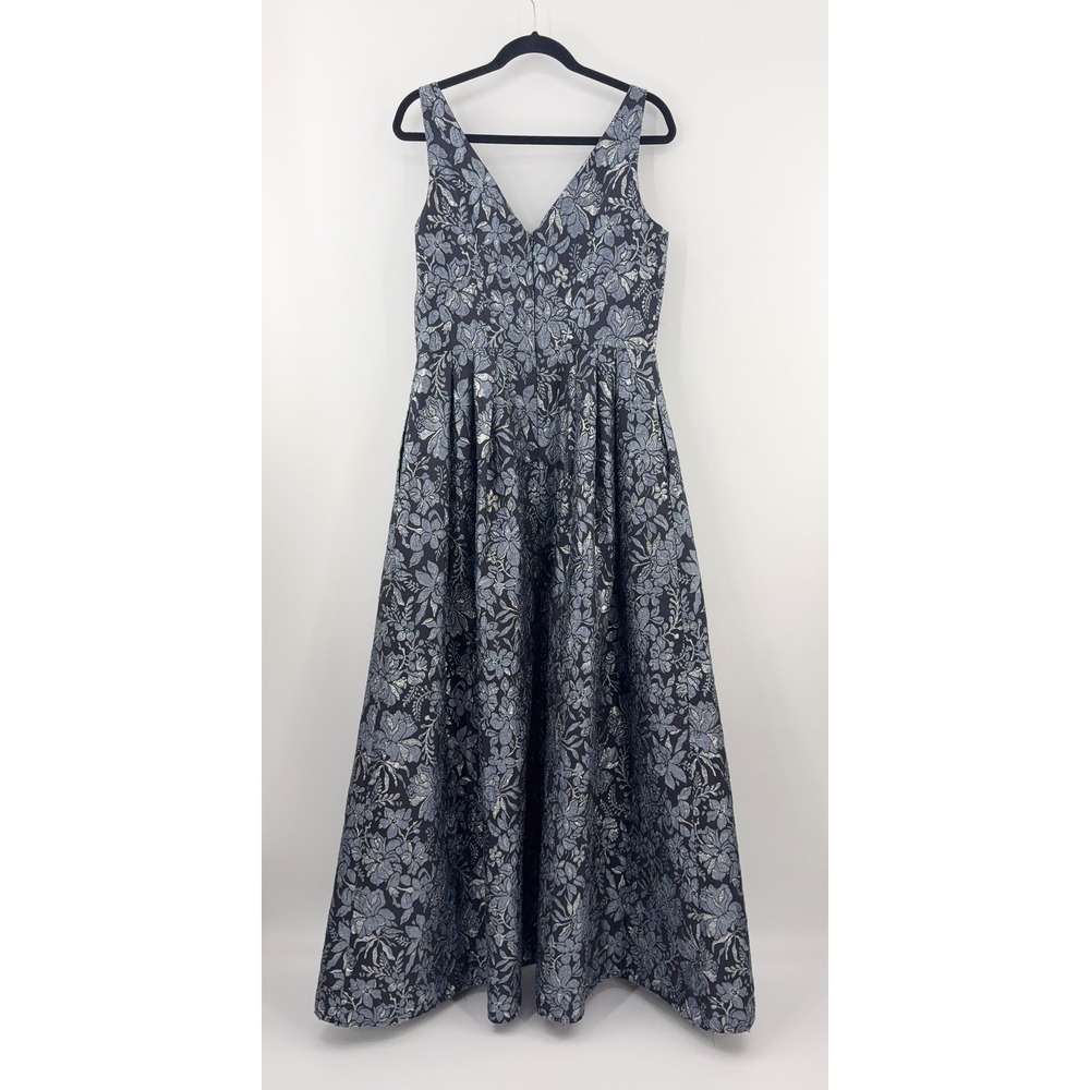Theia Floral Slate Ball Gown Womens 10 Silver Blue Brocade Maxi Formal Evening - Picture 6 of 12